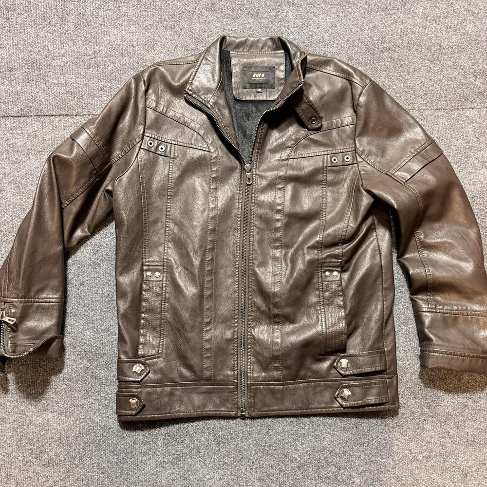 KH Jacket Mens 2XL Brown Faux Leather Biker Moto Zip Pockets Lined Stand Collar